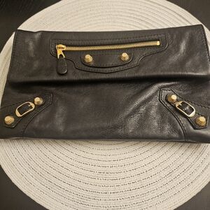 Balenciaga Classic Envelope Clutch Black Arena Leather Gold Hardware